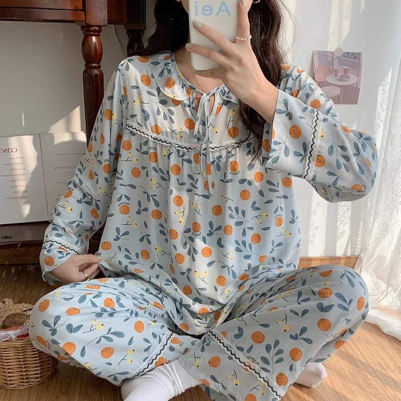 Spring Autumn Long Sleeve Cotton Silk Pajamas Middle School Student Sleep Pullover Pijamas Women
