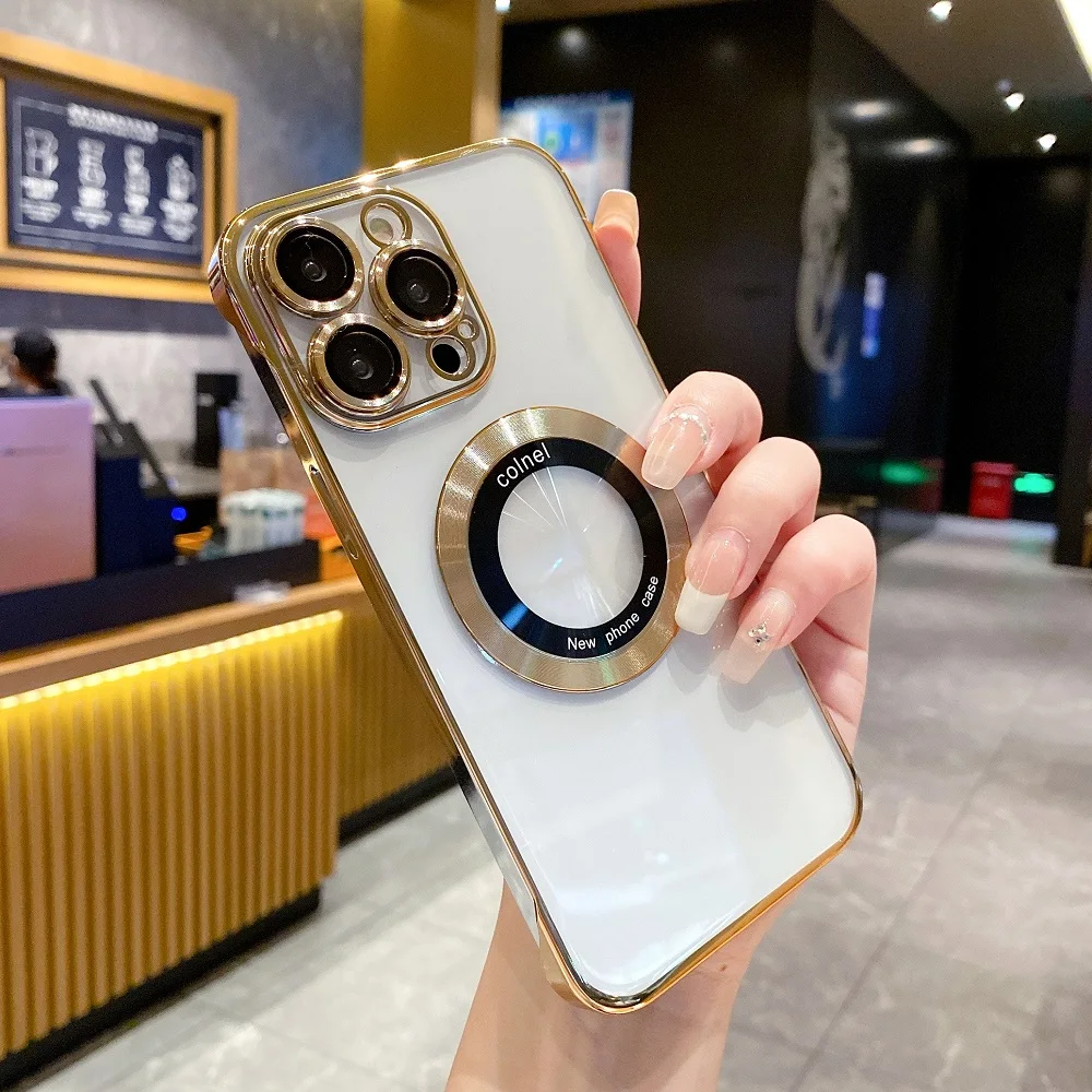 

Luxury Plating Clear Borderless For Magsafe Phone Case For iPhone 14 13 12 11 Pro Max Plus Glass Lens Ultra Thin Frameless Cover