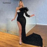 sumnus sexy black glitter mermaid evening dresses 2022 one shoulder feathers slit overskirt dubai arabic women formal prom gown