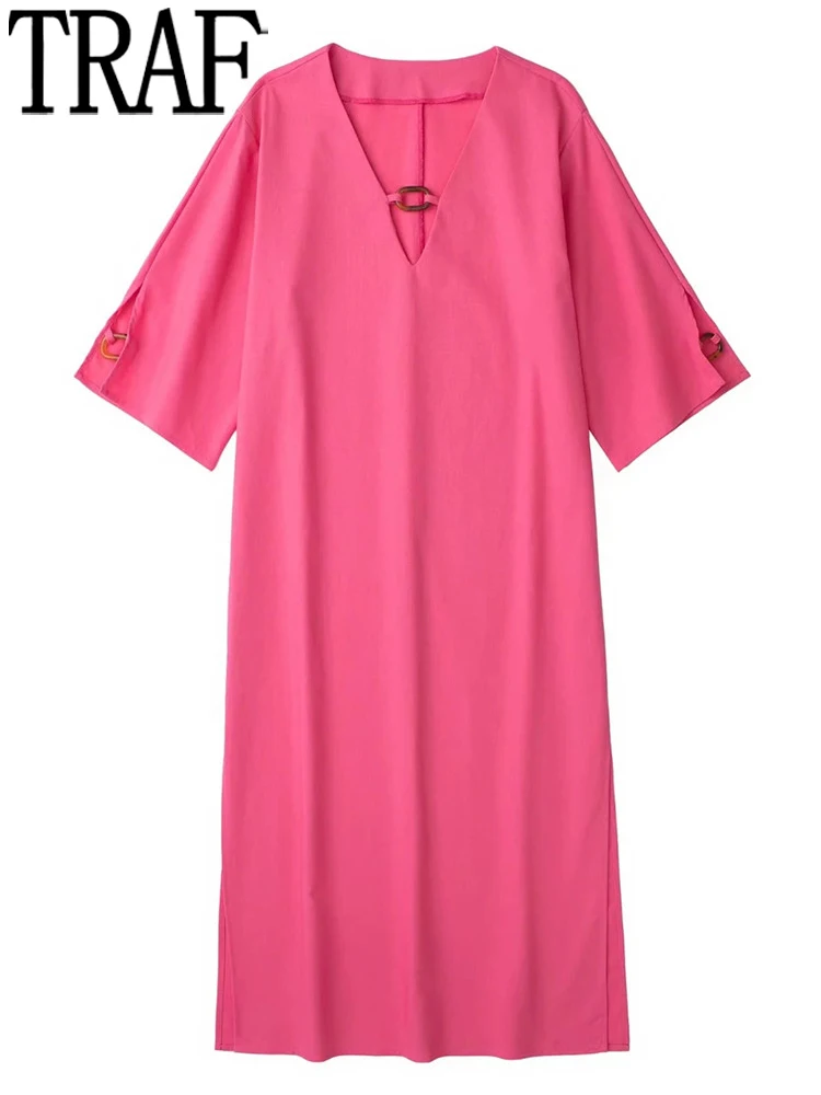 Платье-миди женское розовое длинное с разрезом и пряжкой |