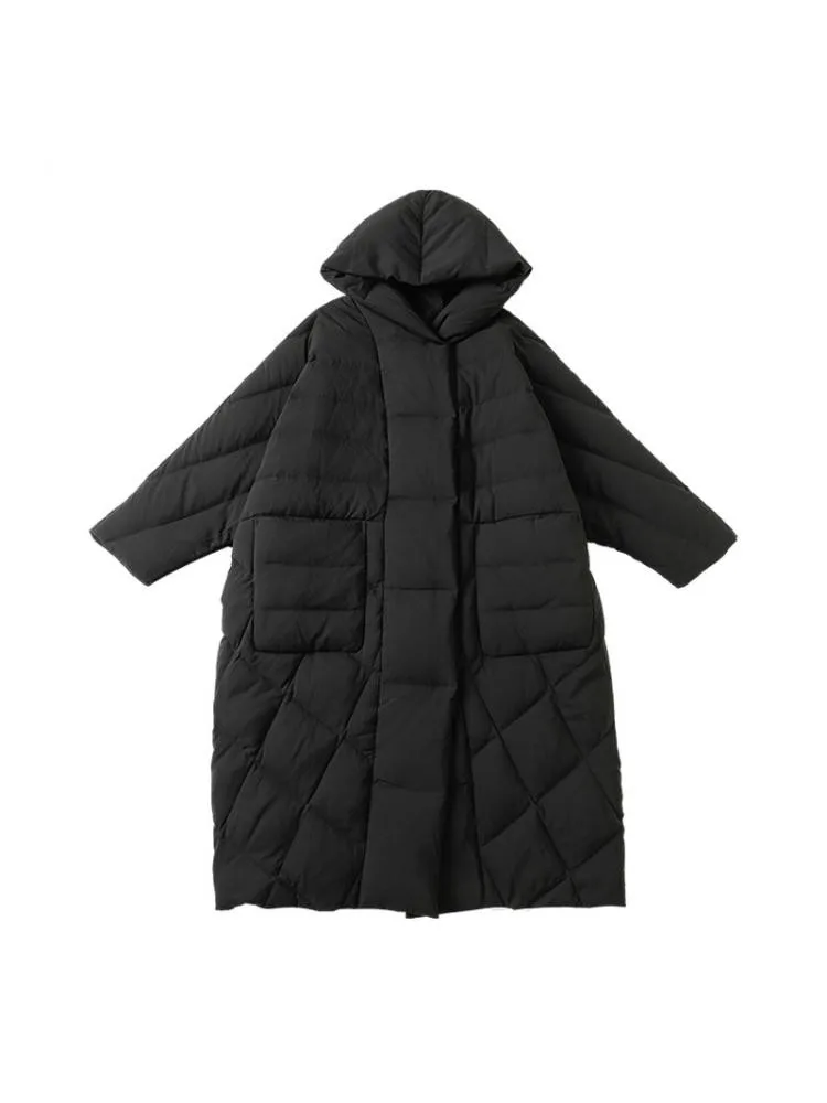 High-End 2022 Winter Long Thicked Black Hooded 90 White Down Coats Women Loose Comfortable Warmer Bread Cloth Jackets