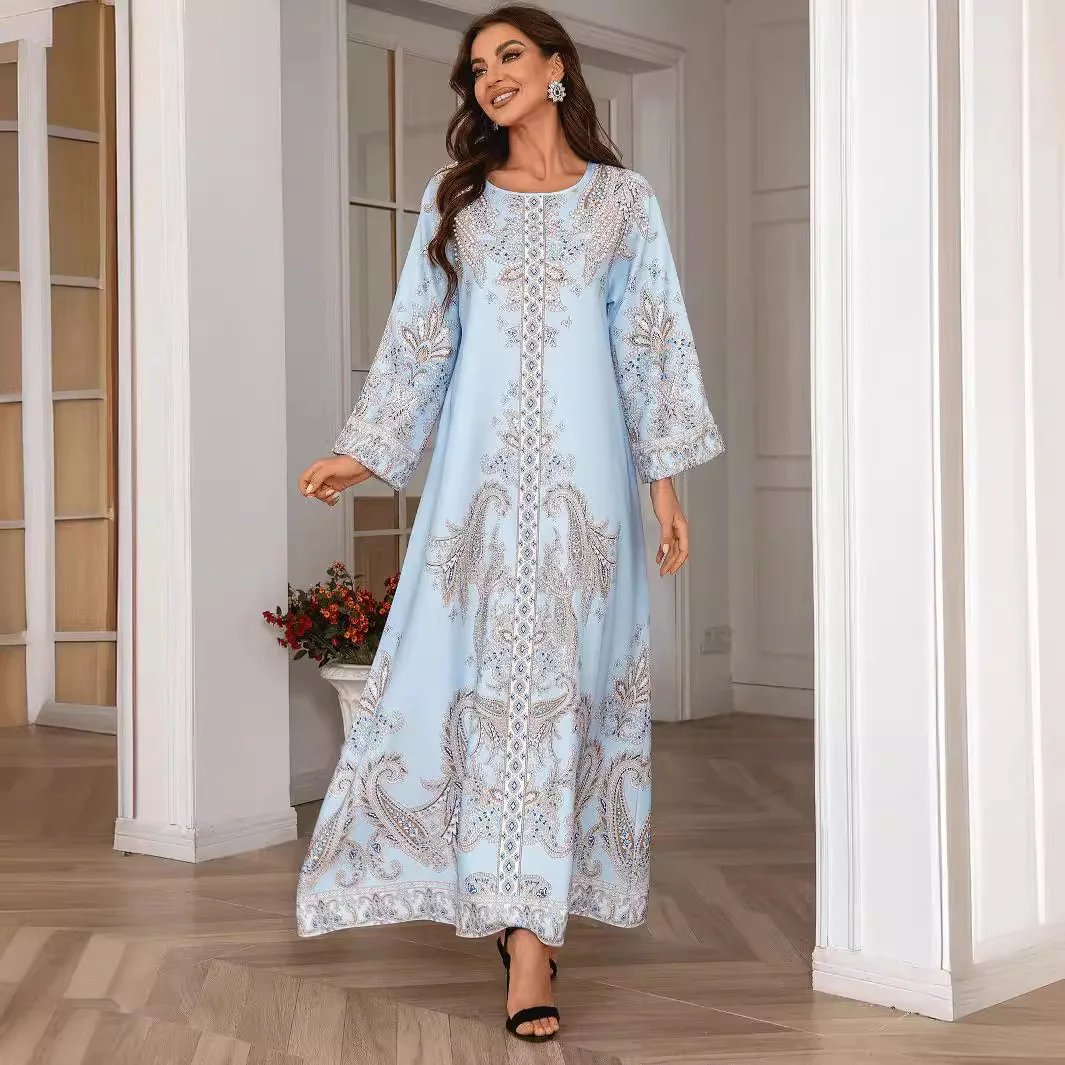 ZD011 Дубай ins мусульманский женский халат с принтом из бисера платье круглым