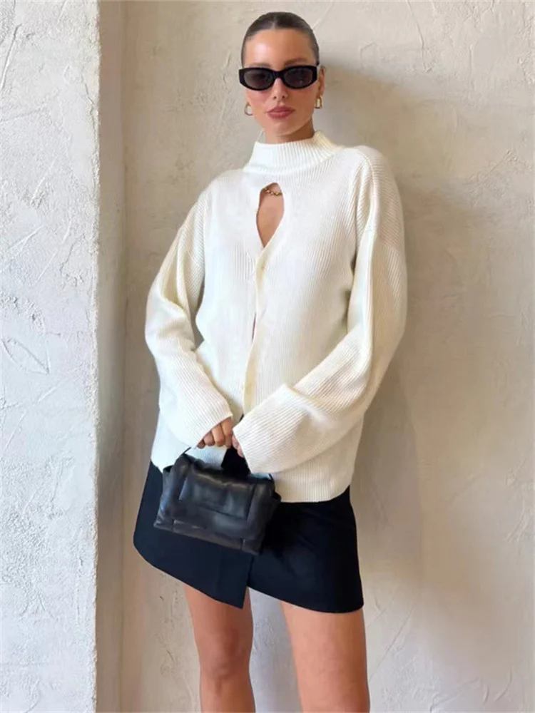 

Tossy White Ribbed Hollow Out Women Pullover Loose High Waist Elegant Slim Knit Sweater Long Sleeve Ladies Fashion Streetwear