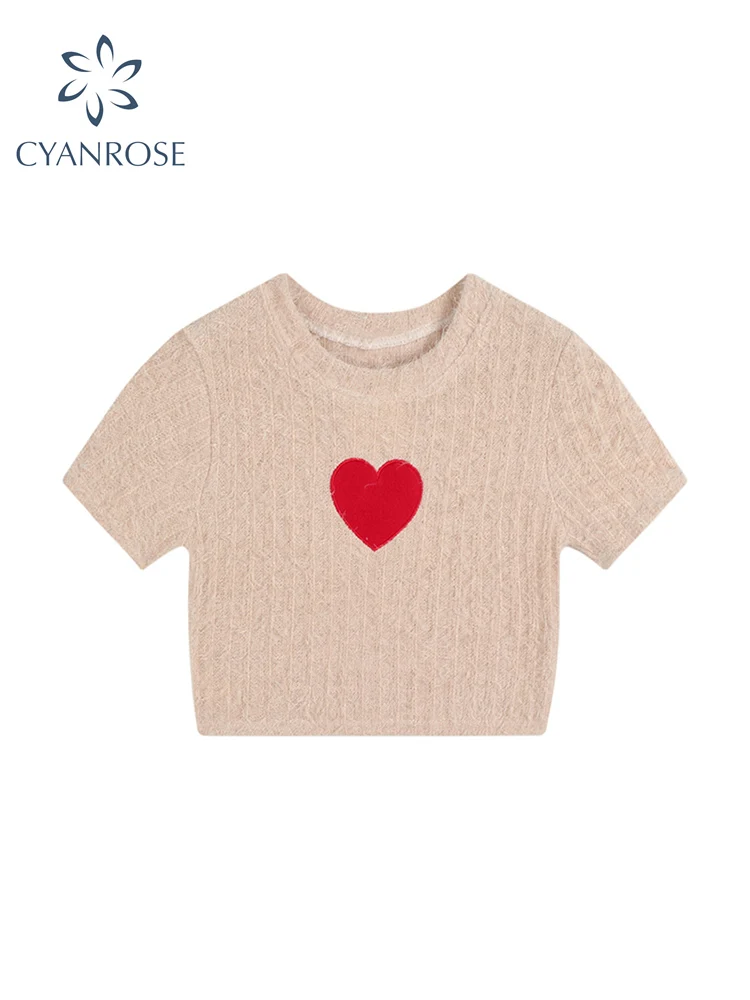 

Women Knitted T Shirt Short Sleeve O-Neck Heart Embroidery Tee Top Korean Streetwear Fashion Casual Loose Cute Knitwear Crop Top