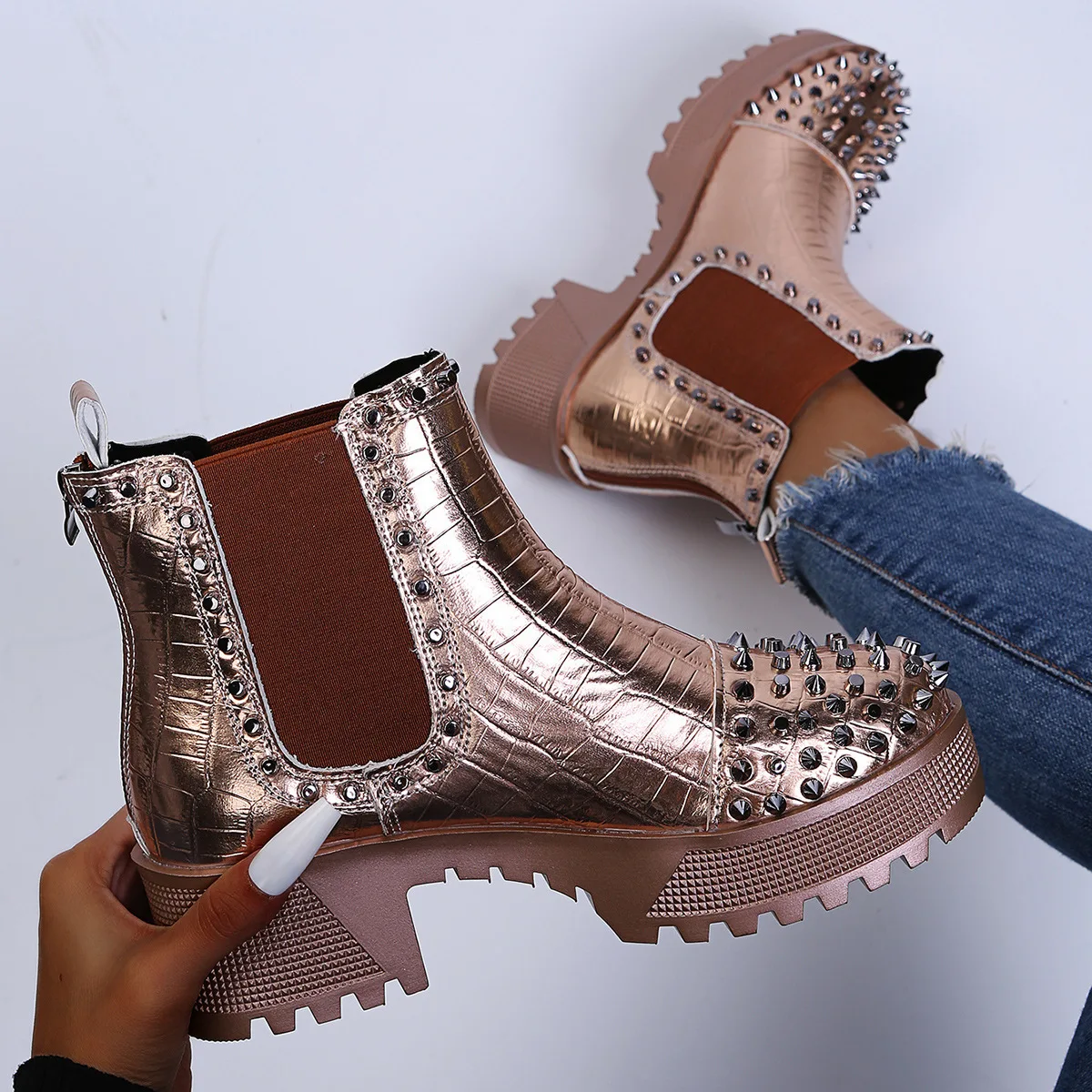 

Женские ботильоны с заклепками в стиле панк, брендовые дизайнерские ботинки челси из искусственной кожи, мотоциклетные ботинки с круглым носком на толстом низком каблуке, Botas De Mujer