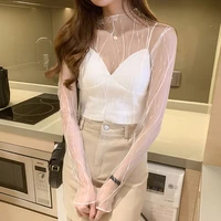 2021 women sexy lace see through casual fashion tops summer korean style mesh t shirts female girls black white beige tops chic