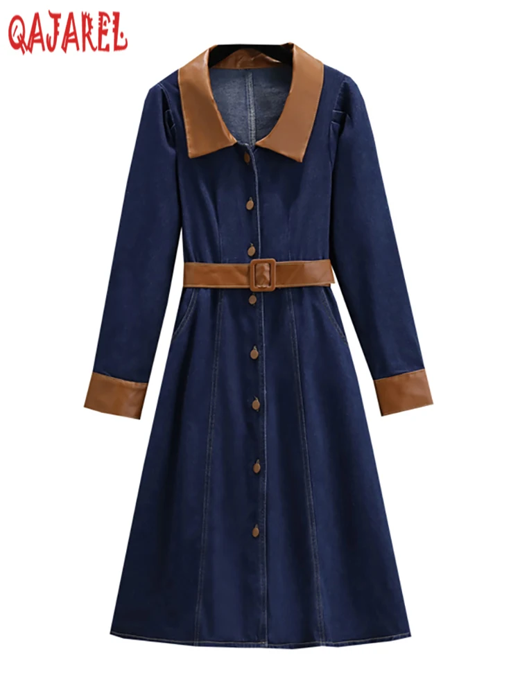 

Женское джинсовое платье с длинным рукавом, голубое повседневное офисное платье-поло в Корейском стиле, Осень-зима 2023