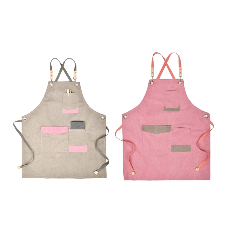 

Women Men Canvas Apron with Contrast Color Multi Pockets Cross Back Adjustable Coffee Bartender Work Overalls Bib 2022 New