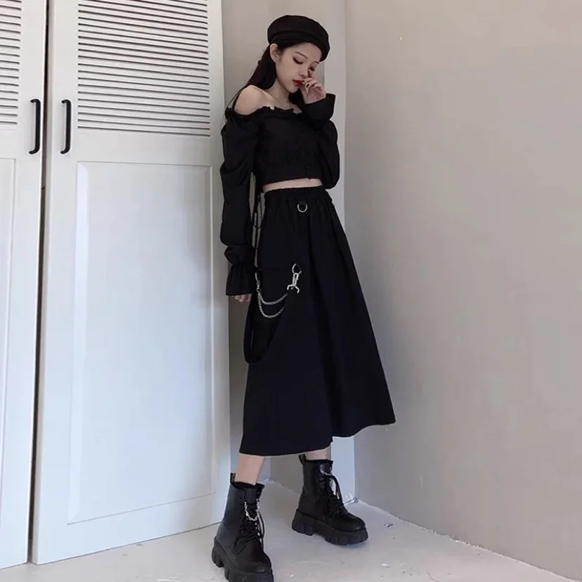 Студенческие готические длинные технические юбки женские гранж-панк высокая