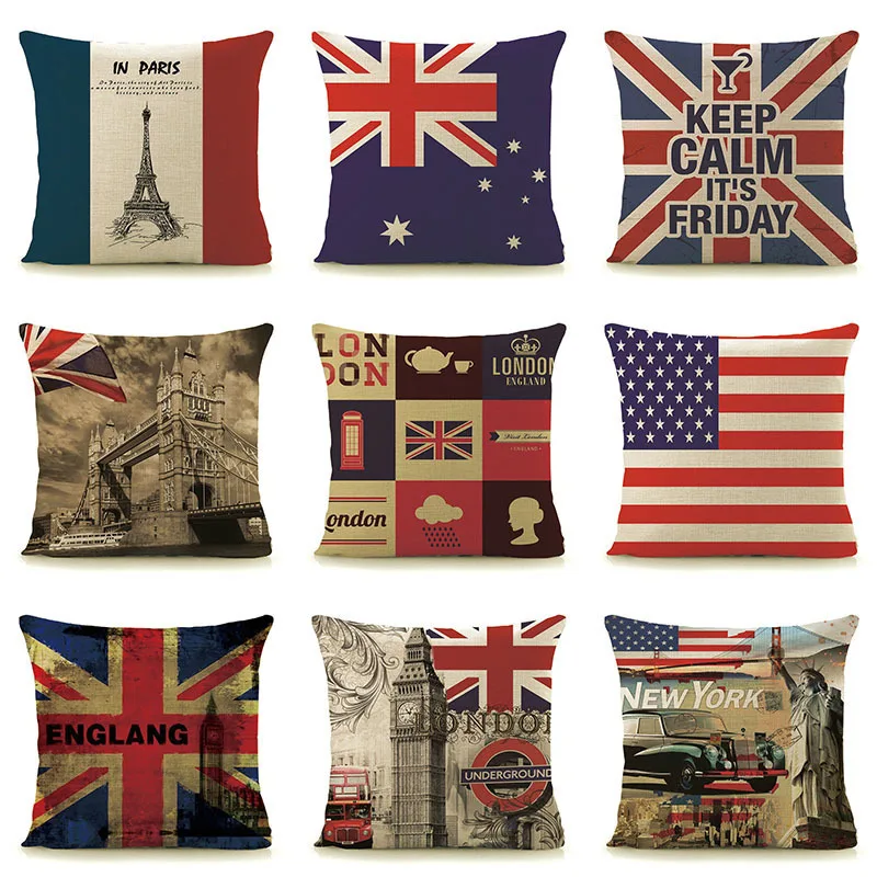 

Cozy couch cushion cover square Home decorative pillows 45x45cm Vintage Euro style England Paris New York London scenic printed