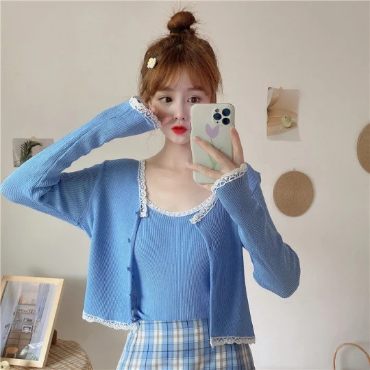 

2PC set Knitting Girl Blue Women Blouse Woman Shirt Sweater Cardigan Knit Tops Tight Women's Sweaters Top Coat Cloth Suétere