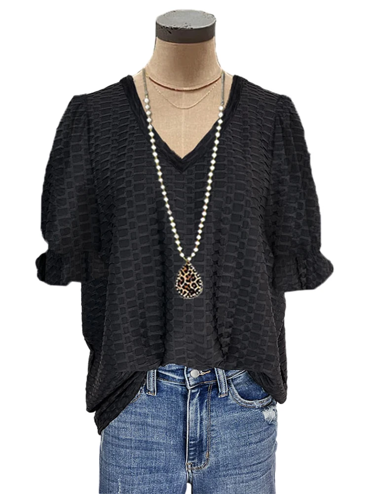 

Women Crop Tops Strapy Casual Puff Sleeves Tops Cute Casual Tops Plain Textured V-neck shirt For Women 2023 Summer