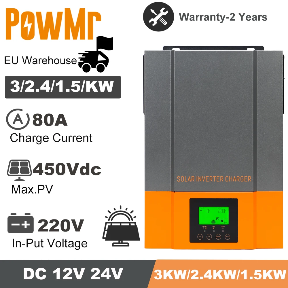 

PowMr Wide Voltage 3KW 2.4KW 1.5KW 12V 24V Inverter Built in MPPT 80A Solar Charger 220VAC Max PV 450Vdc for Solar Panels System