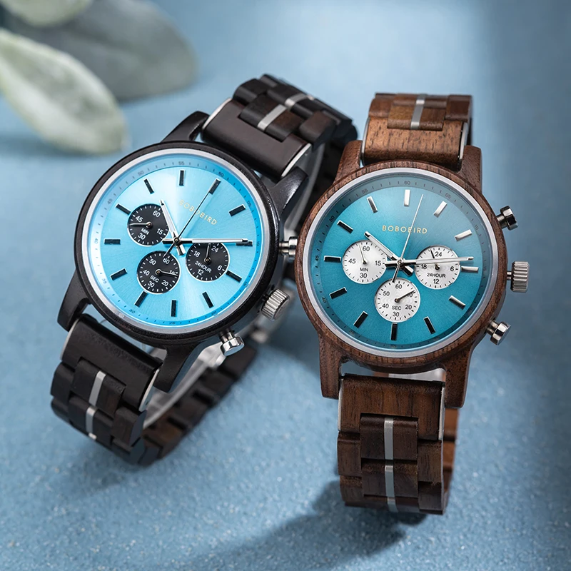 BOBO BIRD New Luxury Couple Watch for Women and Men Wooden Engraved Chronograph Watches with Auto Date Customized Quartz Clock