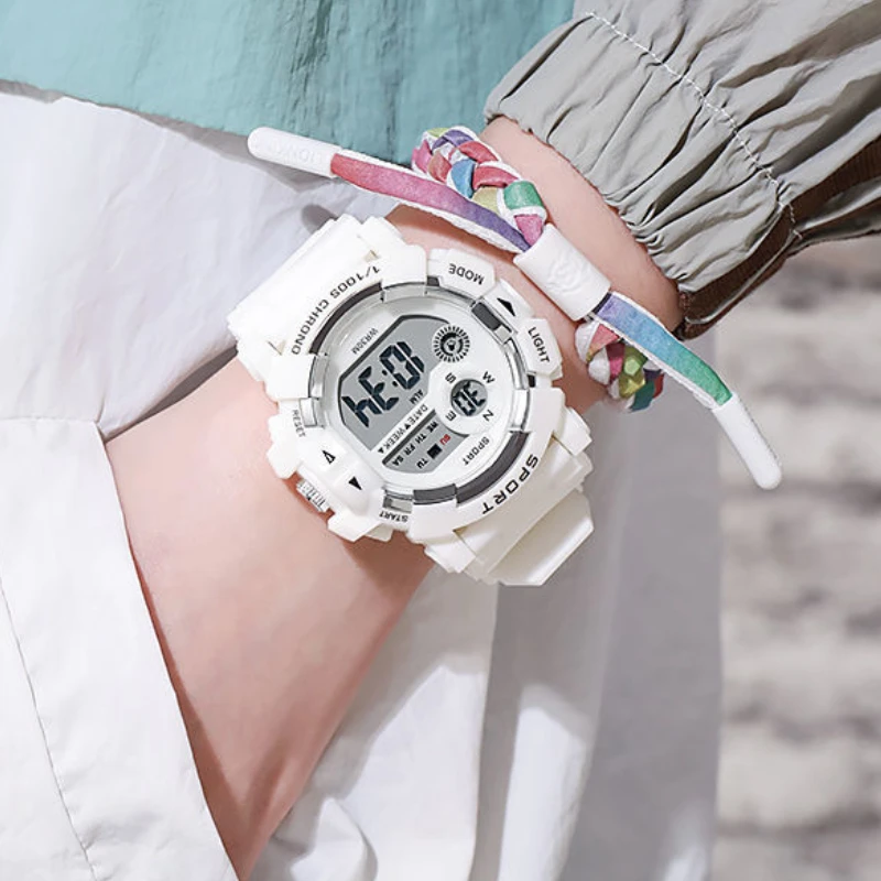 

Sport Round Watch Luminous Digital Macaron Dial Casual Multifunction Clock Rubber Strap Fashionable Outdoor Watch for Women