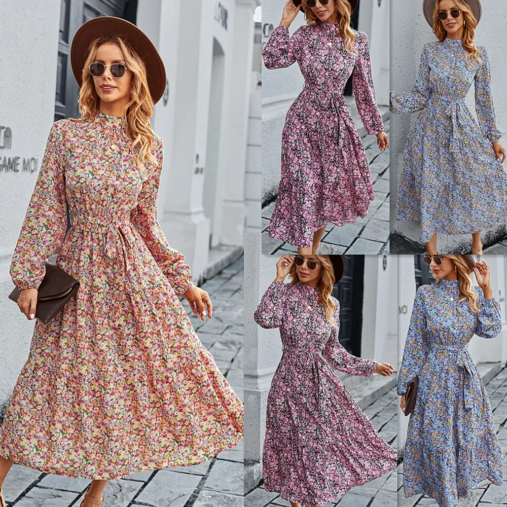 

Women's Dresses Turtleneck Collar Long Sleeved Ankle-Length FloralDress