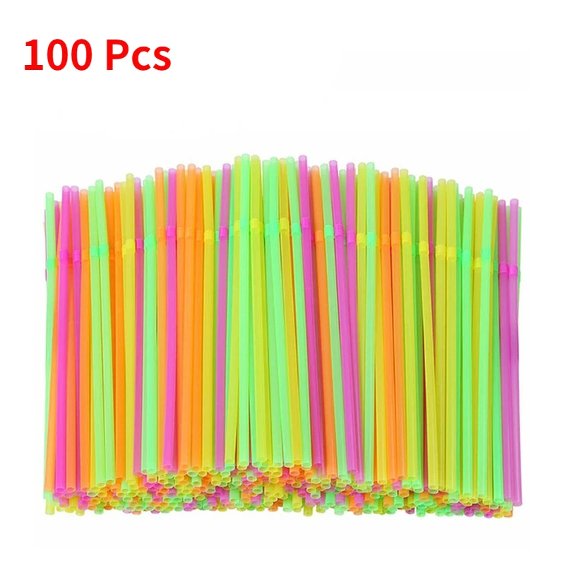 

100 Pcs 4 Color Flexible Plastic Straws Drinking for Kitchen Juice Cocktail Disposable Straw Drink Party Supplies 21cm Long