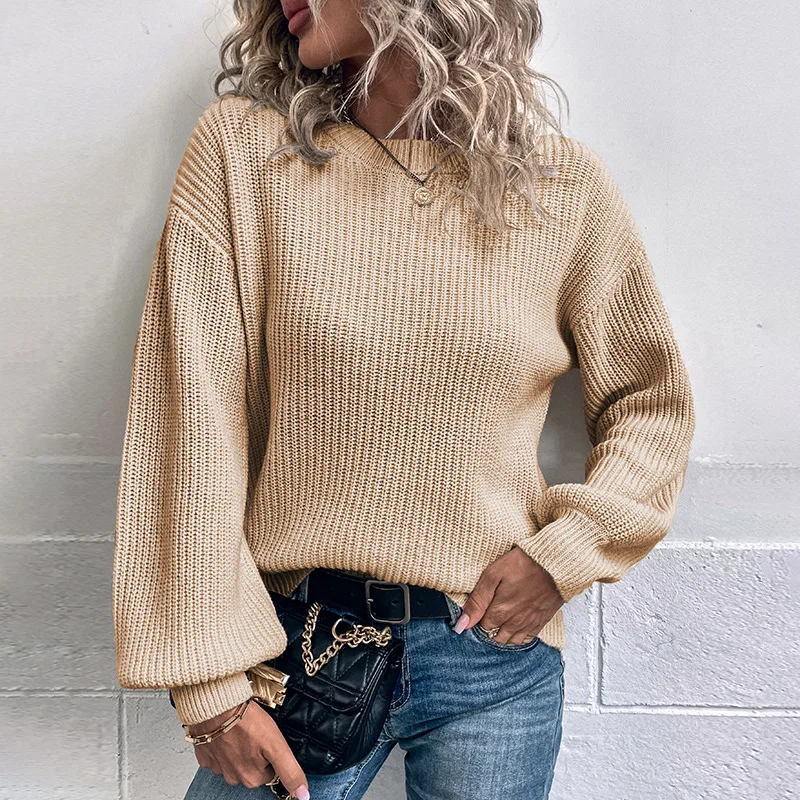 Women Top Sweater Women's Solid Color Sweater Autumn Winter New Round Neck Pullover Lantern Sleeve Sweater Women Sweater