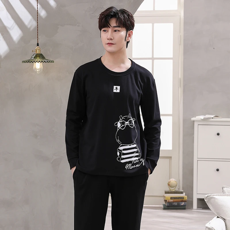 QUHENG Cotton Autumn And Winter Men's Round Neck Long-sleeved Suit Youth Cartoon Calf Alphabet Simple 2-pieces Cartoon Sleepwear