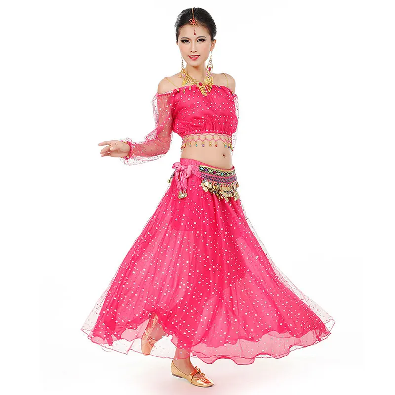 

Женский индийский костюм, Комплект из 3-х предметов, топ для танца живота, набедренный шарф с блестками и юбка Для Болливуда, праздничный танцевальный костюм, одежда для танца