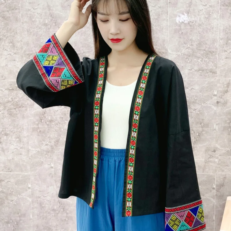 

Женский короткий кардиган в этническом стиле, свободный хлопковый льняной жакет с длинным рукавом и вышивкой в китайском винтажном стиле, весна 2022
