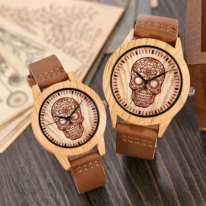 

Casual Wooden Watches Men Women Skull Imitation Wood Case Quartz Soft Leather Strap Ladies Wrist Drop Shipping Couple Watch