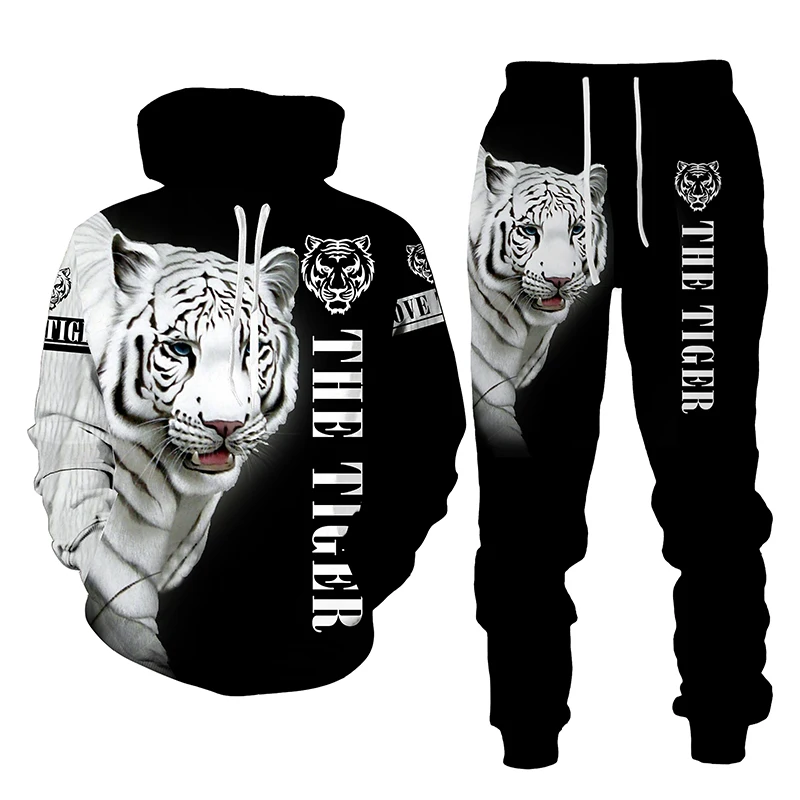 

The Tiger 3D Printed Men's Hooded Sweatshirt Set Pants Men's Sportswear Tracksuit Long Sleeve Autumn Winter Men's Clothing Suit