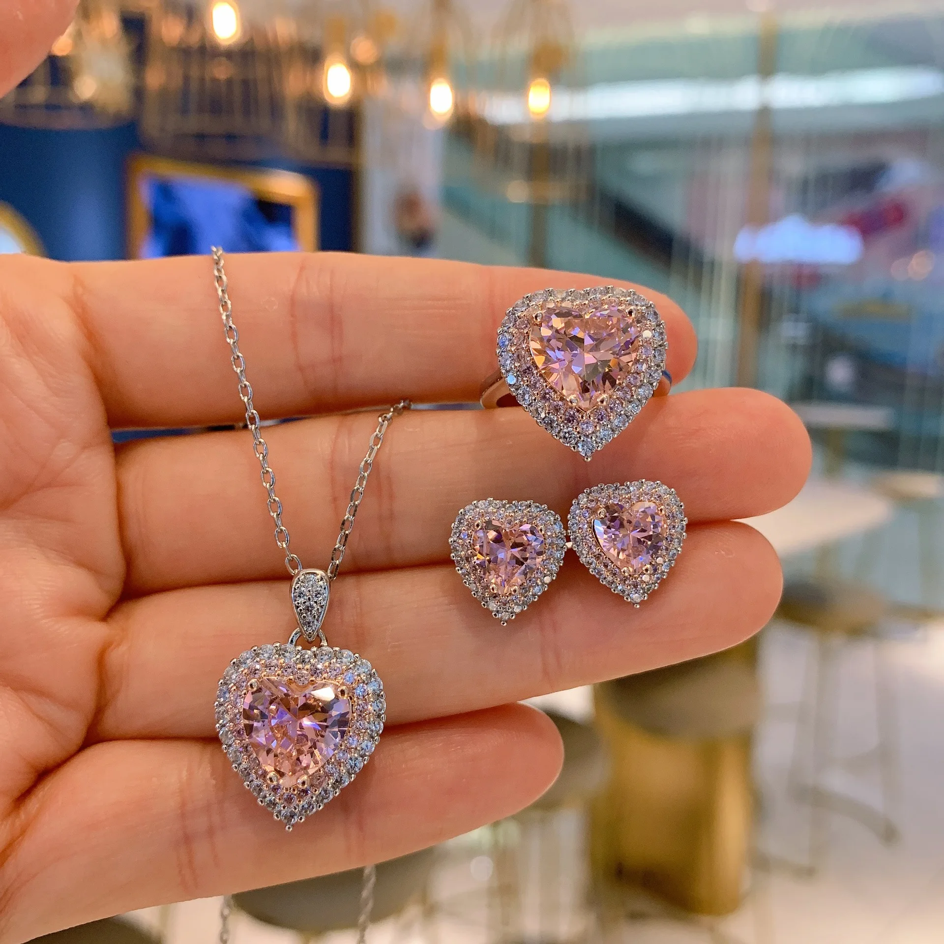 

2022 Romantic 925 Sterling Silver Heart Shaped Pink Quartz Cubic Zircon Pendant Necklace Earrings Ring Wedding Jewelry Sets Gift