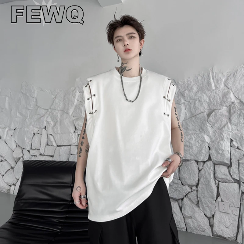 

FEWQ Men's Sleeveless T-shirts Stylish New Solid Color Shoulder Pad Tank Tops Metal Buckle Spliced Male Niche Design Vest 9C220