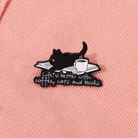 life is better with coffee cats and books soft enamel pins black cat reading badge brooch for jewelry accessory