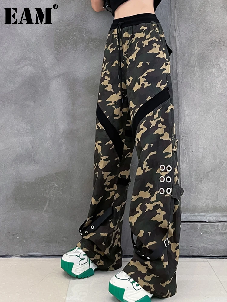 

[EAM] High Elastic Waist Green Camouflage Long Wide Leg Trousers New Loose Fit Pants Women Fashion Spring Autumn 2022 1DE9983