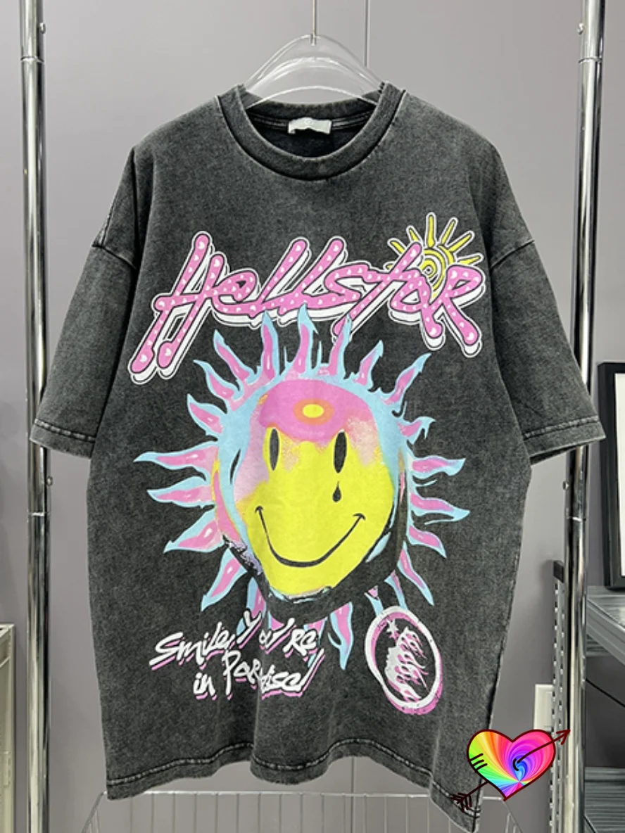 

2023ss Pink Hellstar Logo Tee Men Women Wash Grey Hellstar Sun T-shirt High Street Path To Paradise Short Sleeve Oversize Tops