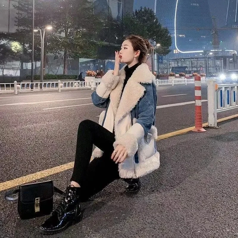 Женская джинсовая куртка из овечьей шерсти джинсовое пальто длинное свободное