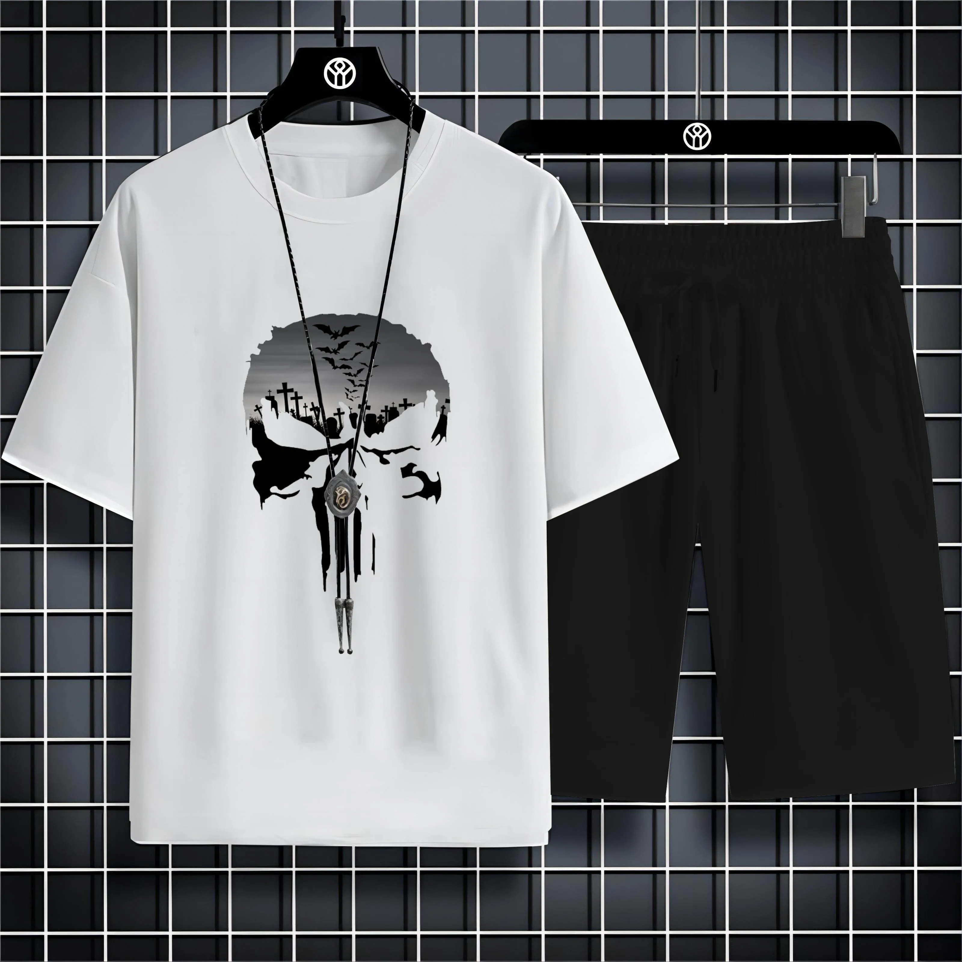 

Summer Fashion Casual Sports Style 2d Skull Print Men'S Crew Neck Short Sleeve T-Shirt Loose Comfortable Trouser Set Quick Dry