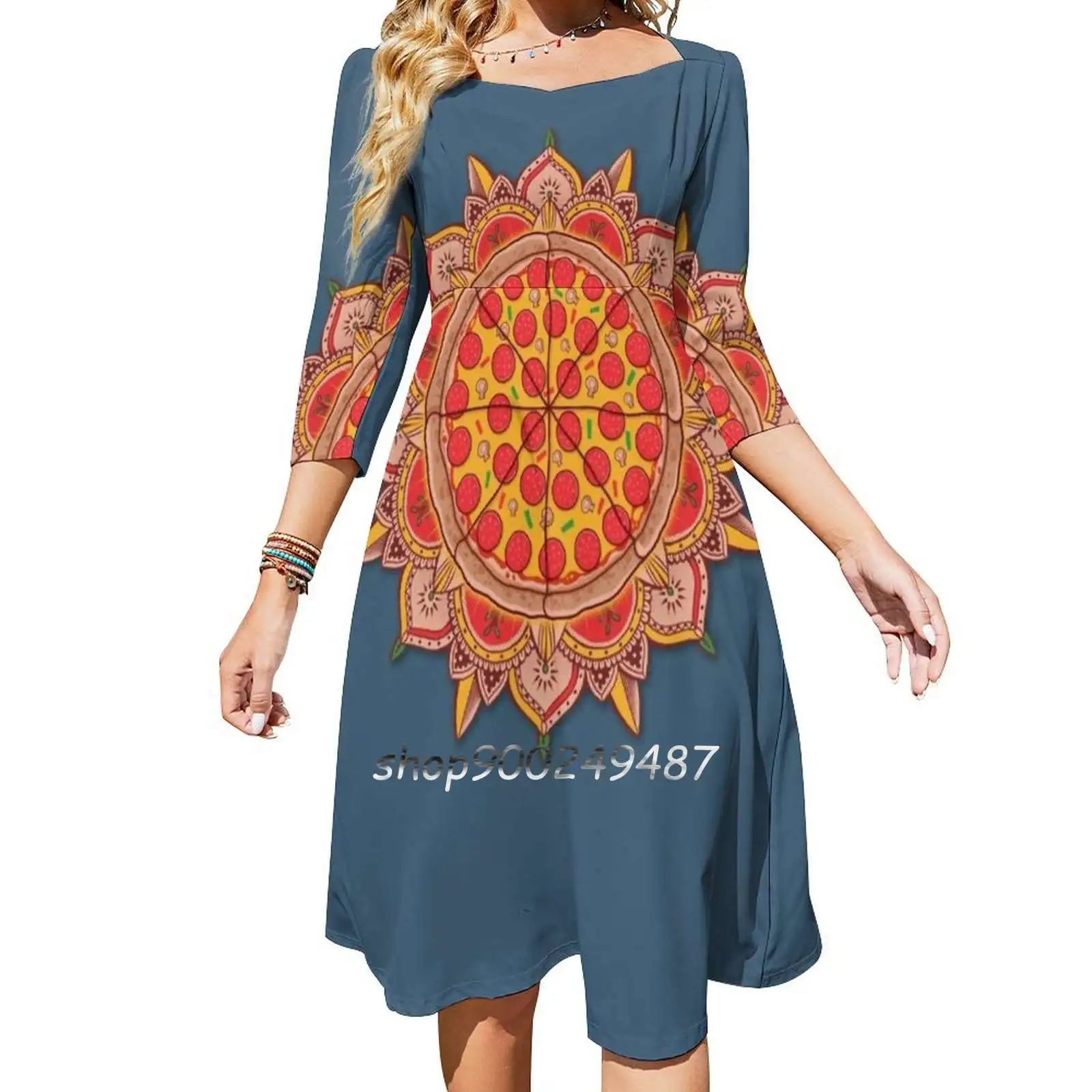 

Sacred Pizza Evening Party Dresses Midi Sexy Dress Female Sweet One Piece Dress Korean Pizza Mandala Cute Symbol Sacred Culture