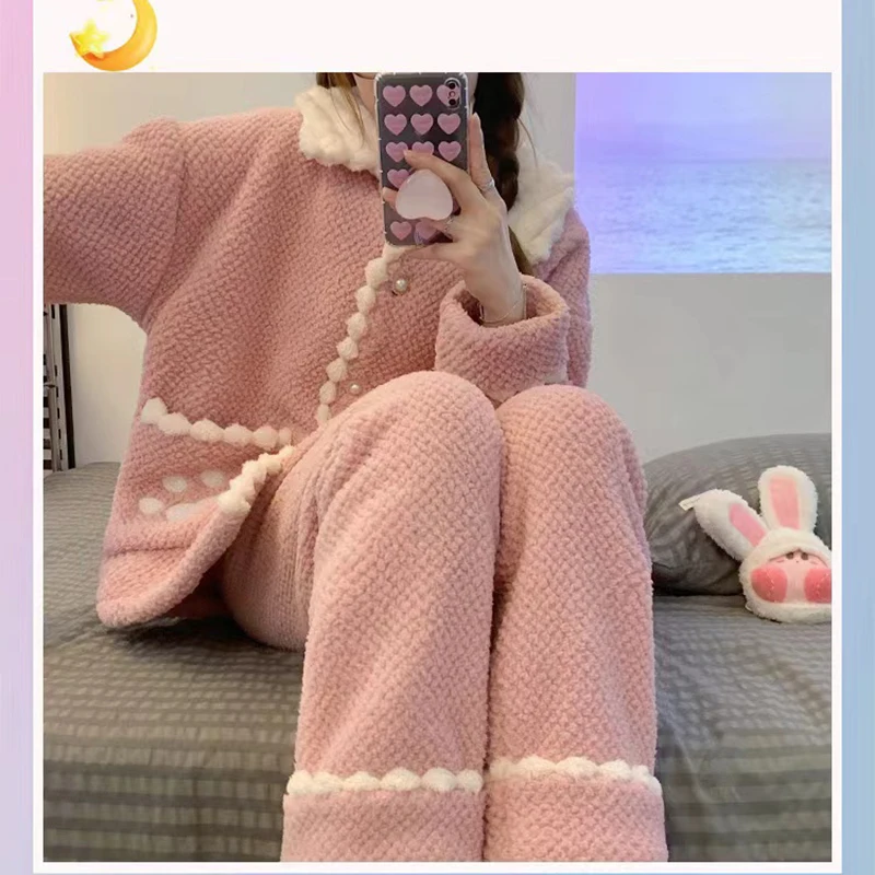 Winter Women Thicken Pajamas Suit Cute Solid Color Warm Sleep Wear Pink Clothes Set
