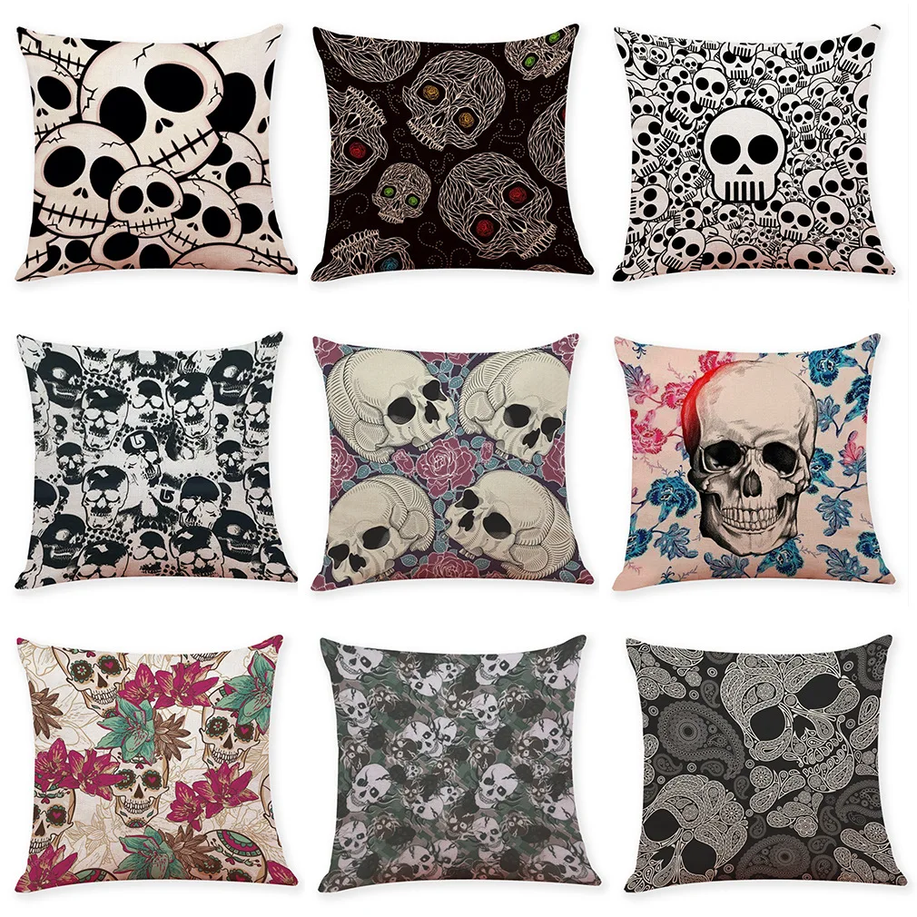 

Funny White Skull Pillow Case Sugar Flower Skull Linen Pillowcase Decor Home Decorative Pillows for Sofa Bed Chair Pillow Cover