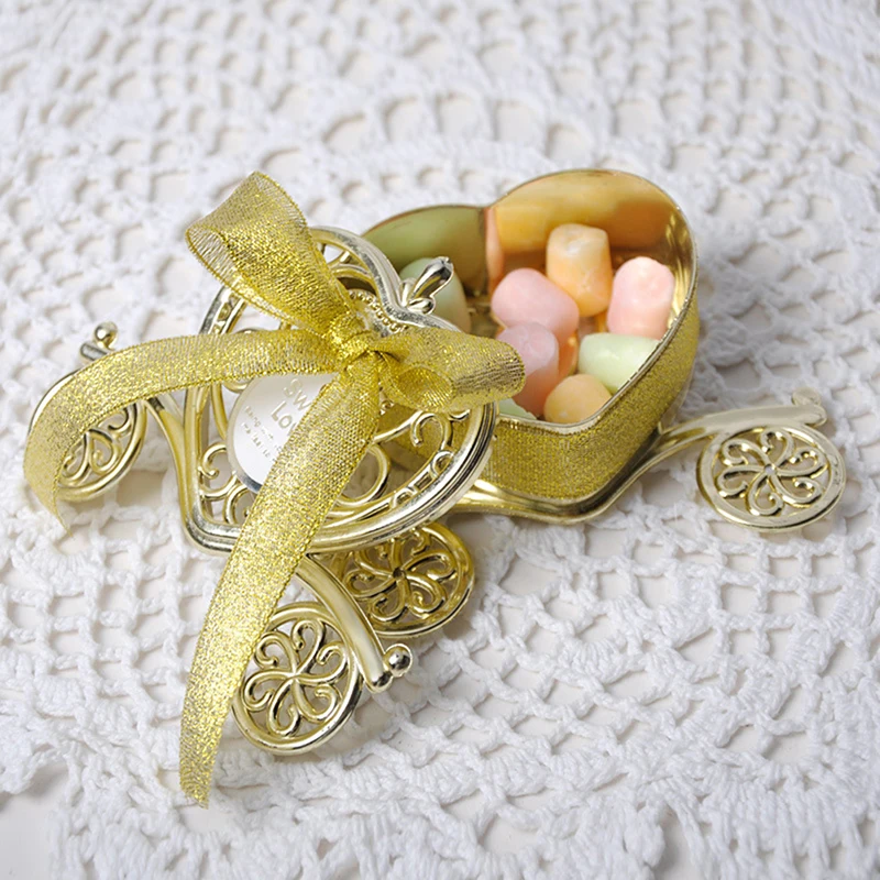 

1Pc Gold and Silver Bow Carriage Wedding Candy Box Transparent Hollow Candy Box Sweet Candy Cookie Kids Gift Box Storage Box