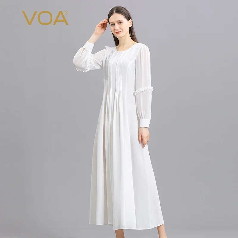 

VOA Silk 31m/m Gentle Fungus Edge Design White Dress Age-reducing All-match Maxi Dresses for Women Vestidos De Fiesta AE1295