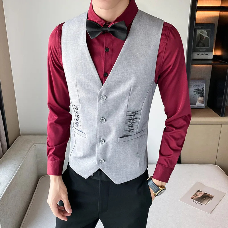 

Business Vests Men Fashion Solid Color V Neck Sleeveless Button Closure All-match Pocket Blazer Suit Men Formal Vests Waistcoat