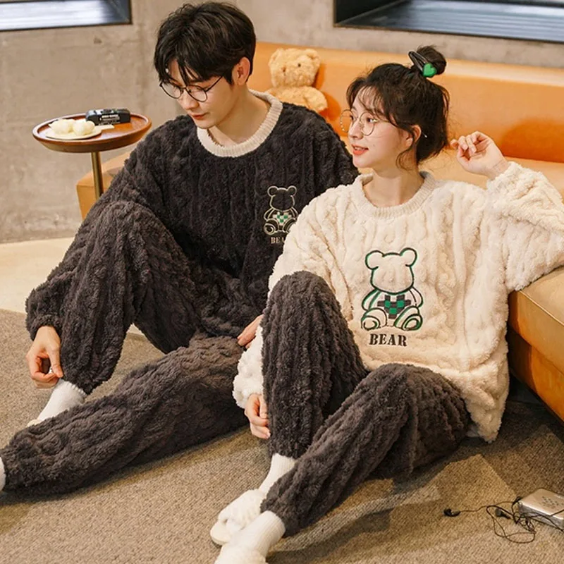QUHENG 2022 Winter Couples Pyjamas Sets Women Man Thicken Hoodies Pajamas Cartoon Lovers Soft Warm Women Homewear Sleepwear Set
