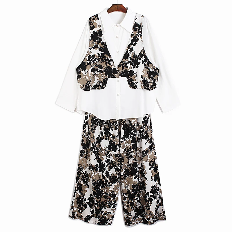 

SuperAen Fashion Suit 2022 Spring New Vest Patchwork Loose Oversized Printing Full Shirt Wide Leg Pants Two-piece Suit