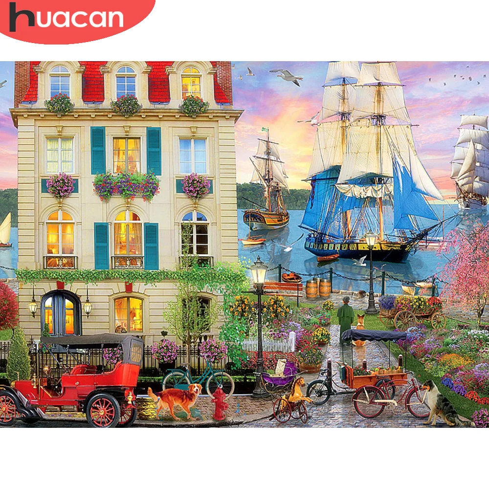 

Алмазная 5D мозаика HUACAN, картина с изображением морского побережья, корабля, ландшафта, бриллиантовая вышивка