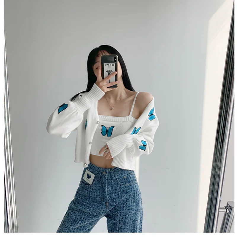 

Butterfly Embroidery Knitted Cardigan Two-piece Women's 2023 Spring New Style Temperament Lantern Sleeve Sweater Short Sling Y2k