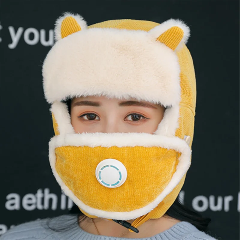 

Women Warm Earmuffs Thicken Ear-flapped Hat Winter Cold-proof Warm Cotton Hat Cat Ears Cap Winter Russian Hat with mask