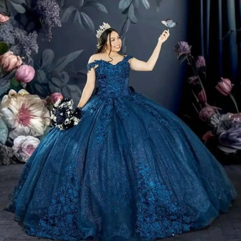 Синие платья Quinceanera по индивидуальному заказу с аппликациями и бантом открытыми
