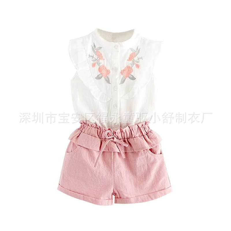 

Girls Clothing Sets Children's Clothing Sets Girl's Embroidered Flower Lotus Leaf Lace Sleeveless Shirt Two Color Shorts Set