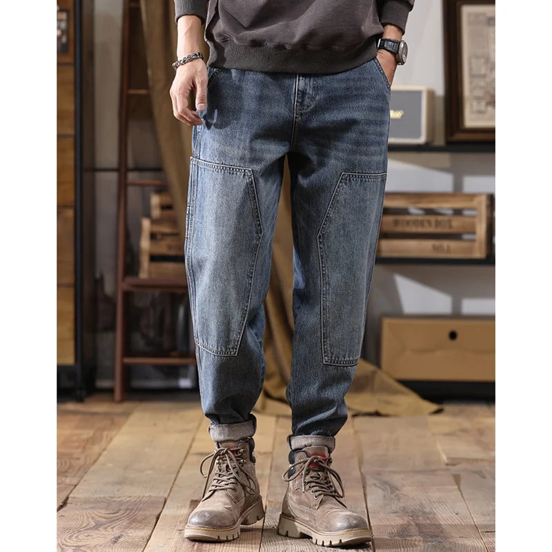 

Мужская одежда 2022 новый узор винтажные синие джинсы для отдыха прямые цилиндрические свободные мужские брюки-карго осень и зима