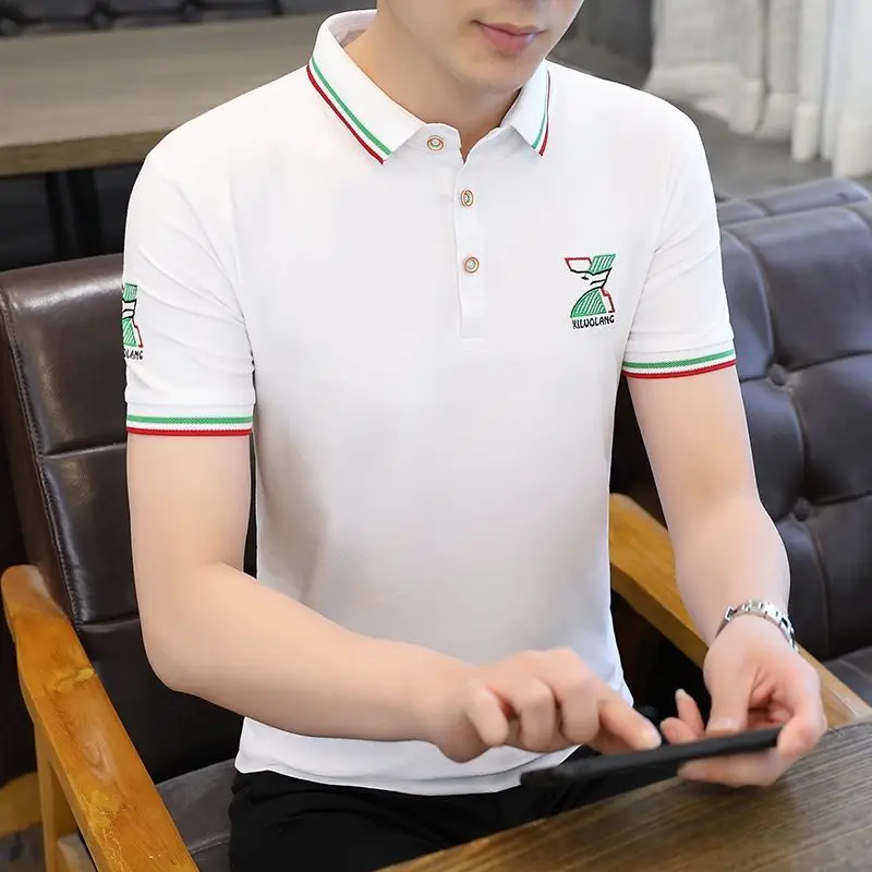 

Рубашка-поло мужская однотонная, повседневная тенниска с отложным воротником и короткими рукавами, модная уличная одежда