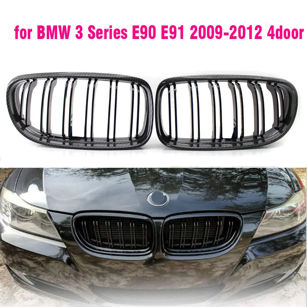 Carbon Fiber Front Hood Grille For 3 Series E90 E91 318i 328i 2009-2012 Double Line ABS Glossy Black Car Kidney Grill